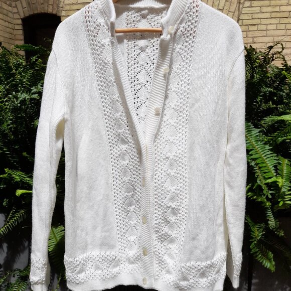 Vintage 60s Cardigan Sweater White Large 43" Bust Moonglow Buttons - Picture 10 of 12